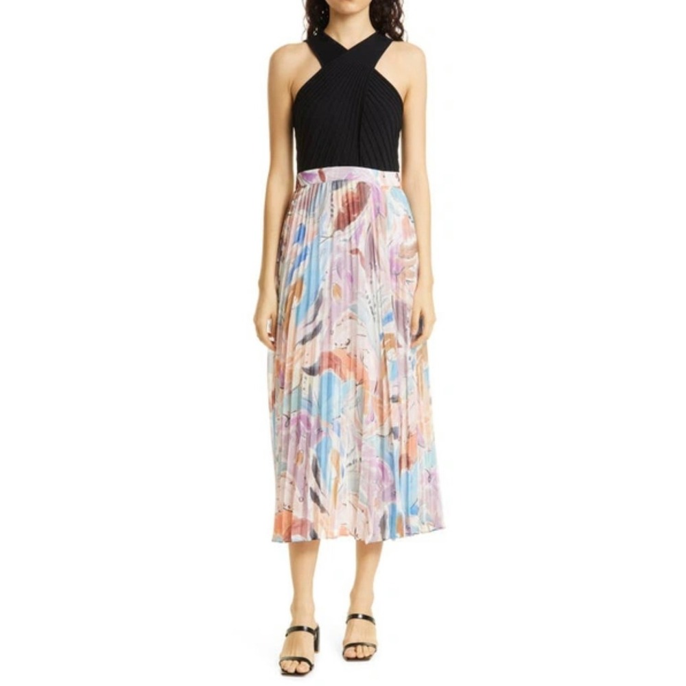 Ted Baker Avelin Floral Pleated Midi Dress 3 Black Halter Wedding